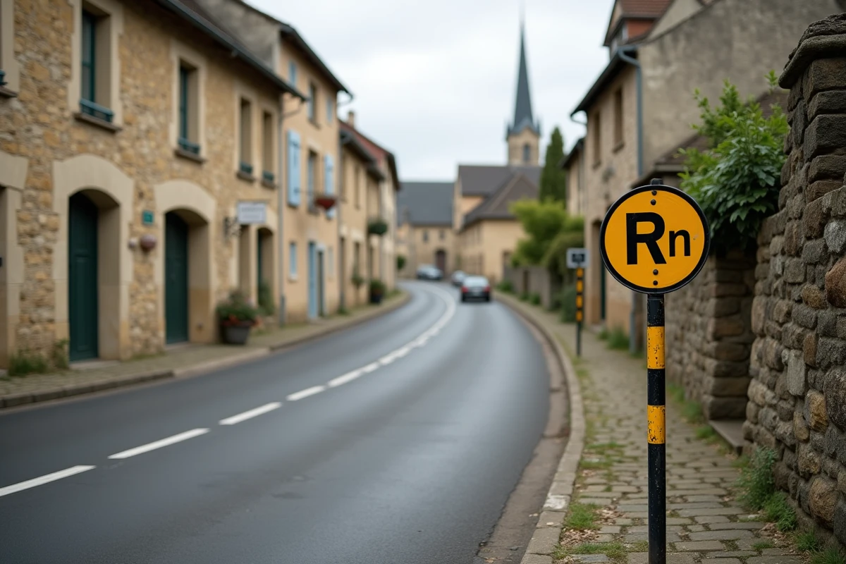Route nationale traversant un village bourguignon avec panneau RN et bâtiments en pierre traditionnels