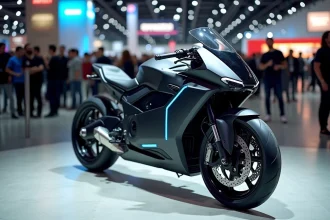 Moto électrique futuriste exposée au salon EICMA 2026 sur un sol en béton poli avec des visiteurs en arrière-plan flou