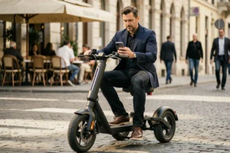 Homme en veste marine sur un scooter 3 roues urbain garé dans une rue pavée européenne