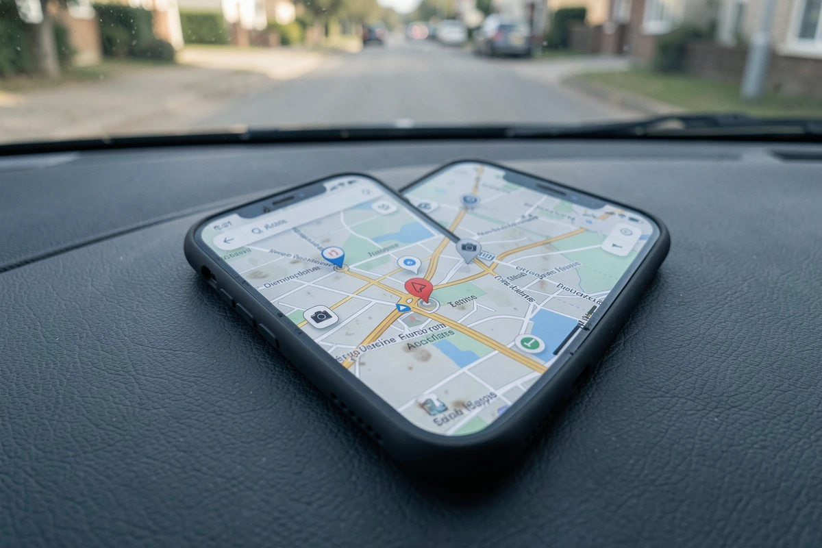 Gros plan sur un smartphone affichant une carte de navigation avec des alertes radars sur une route française