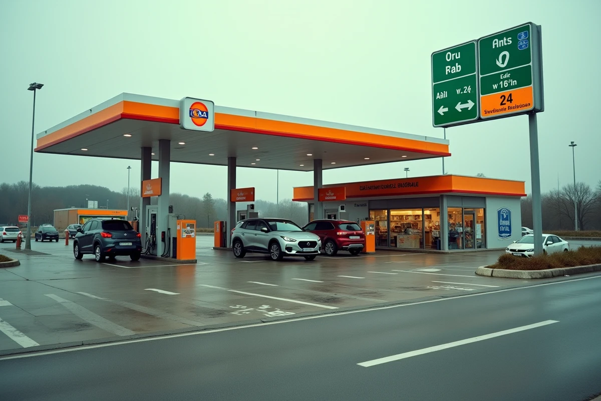 Vue d'ensemble d'une grande station-essence à Marseille en bord d'autoroute avec plusieurs véhicules au ravitaillement