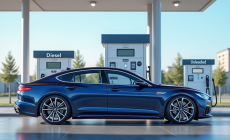 Station service moderne avec voiture bleue propre et pompes à essence