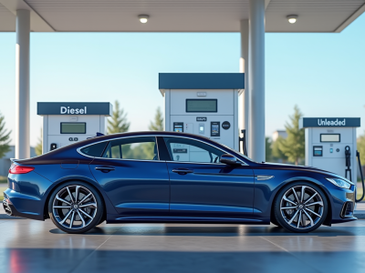 Station service moderne avec voiture bleue propre et pompes à essence