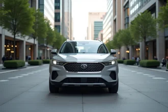 SUV urbain asiatique garé dans une rue moderne avec immeubles en verre en arrière-plan
