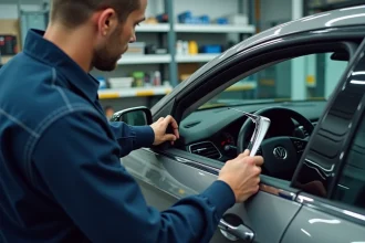 Technicien automobile comparant un accessoire de vitrage compatible avec une voiture moderne dans un atelier de réparation auto