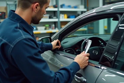 Technicien automobile comparant un accessoire de vitrage compatible avec une voiture moderne dans un atelier de réparation auto
