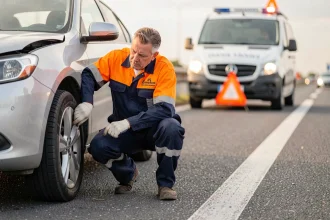 Technicien d'assistance Groupama en uniforme inspectant une voiture en panne sur le bord d'une autoroute française