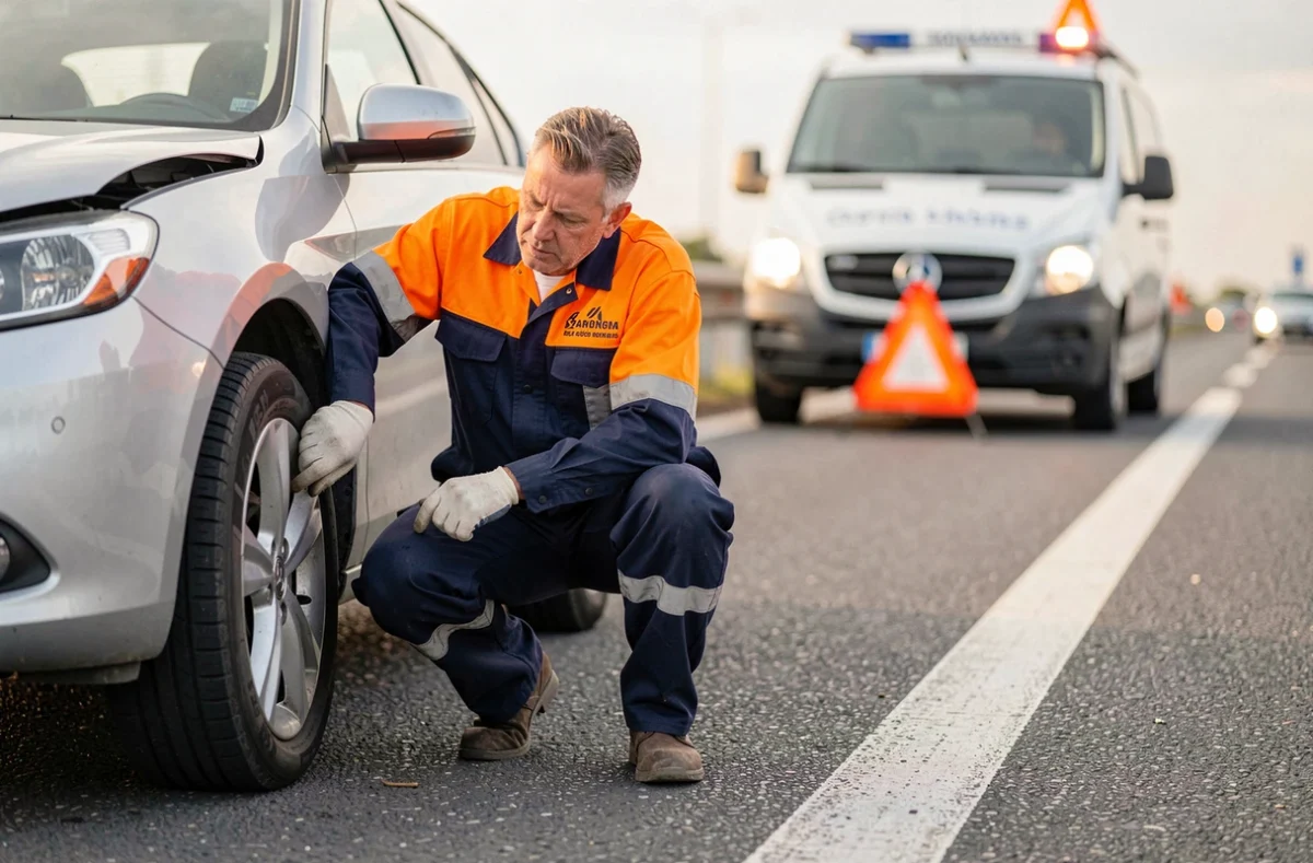 Technicien d'assistance Groupama en uniforme inspectant une voiture en panne sur le bord d'une autoroute française