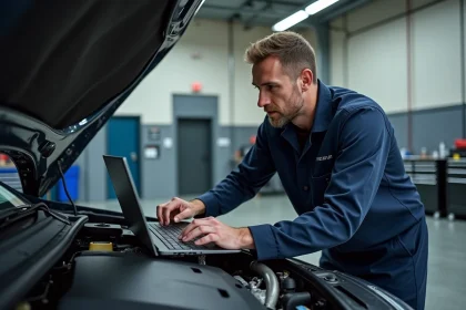 Technicien automobile connectant un outil de diagnostic DME à une voiture en atelier professionnel