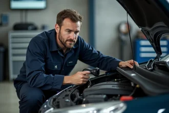 Technicien automobile connectant un scanner OBD2 sur une Peugeot 208 pour diagnostiquer le code erreur 1351 voyant moteur allumé