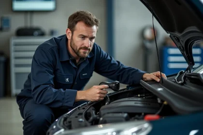 Technicien automobile connectant un scanner OBD2 sur une Peugeot 208 pour diagnostiquer le code erreur 1351 voyant moteur allumé