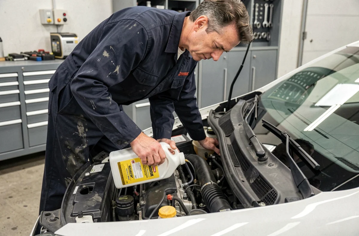 Technicien automobile versant de l'huile moteur adaptée E10 dans le moteur d'une Peugeot 208 blanche dans un garage professionnel