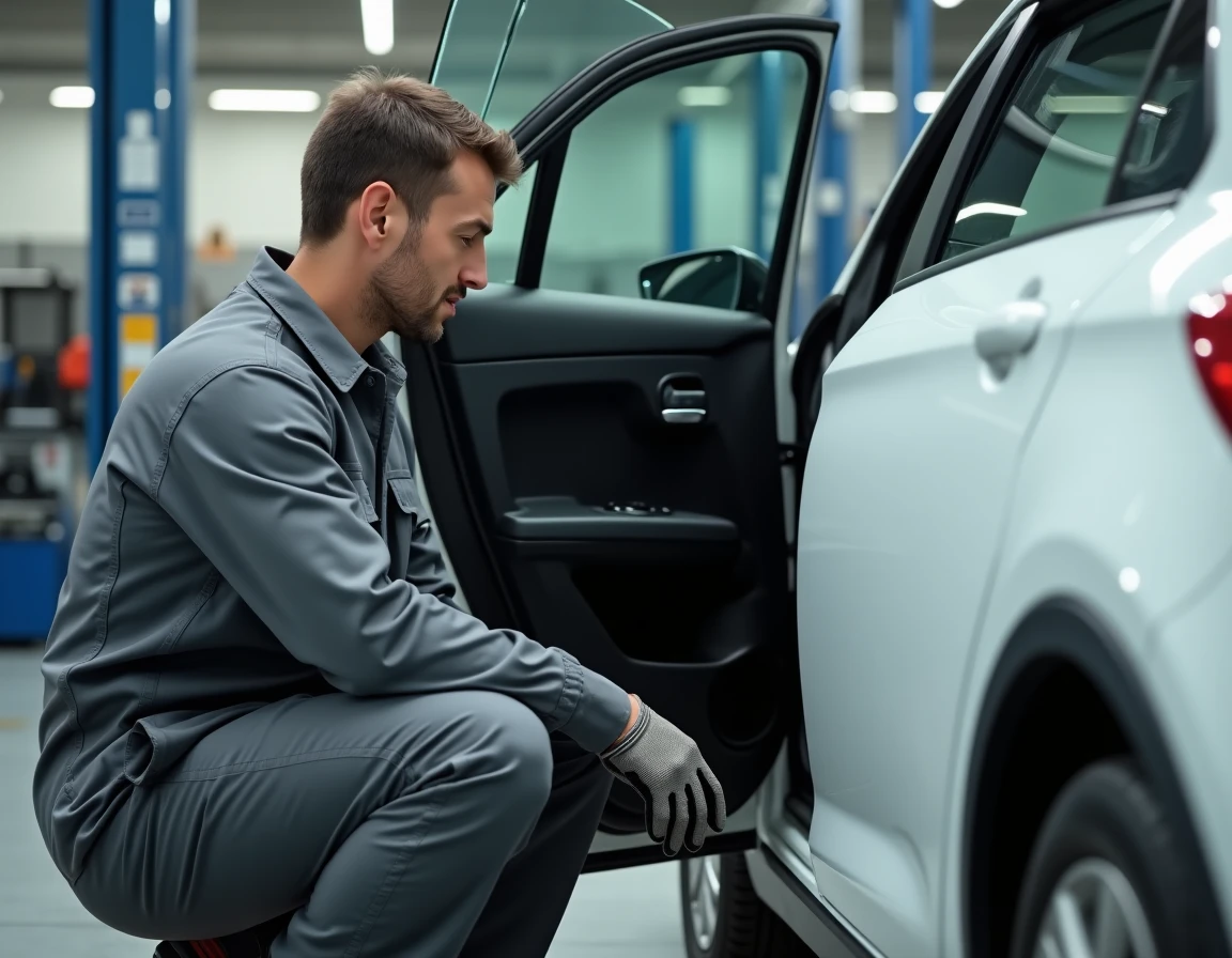Technicien automobile examinant le compteur kilométrique d'une Citroën C4 blanche dans un garage d'inspection