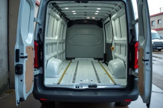 Vue intérieure de l'espace de chargement d'un Renault Trafic E-Tech électrique avec dimensions mesurées au sol