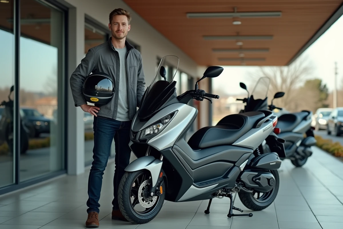 Vendeur particulier avec son TMAX 750 2026 chez un concessionnaire pour estimation de prix de revente