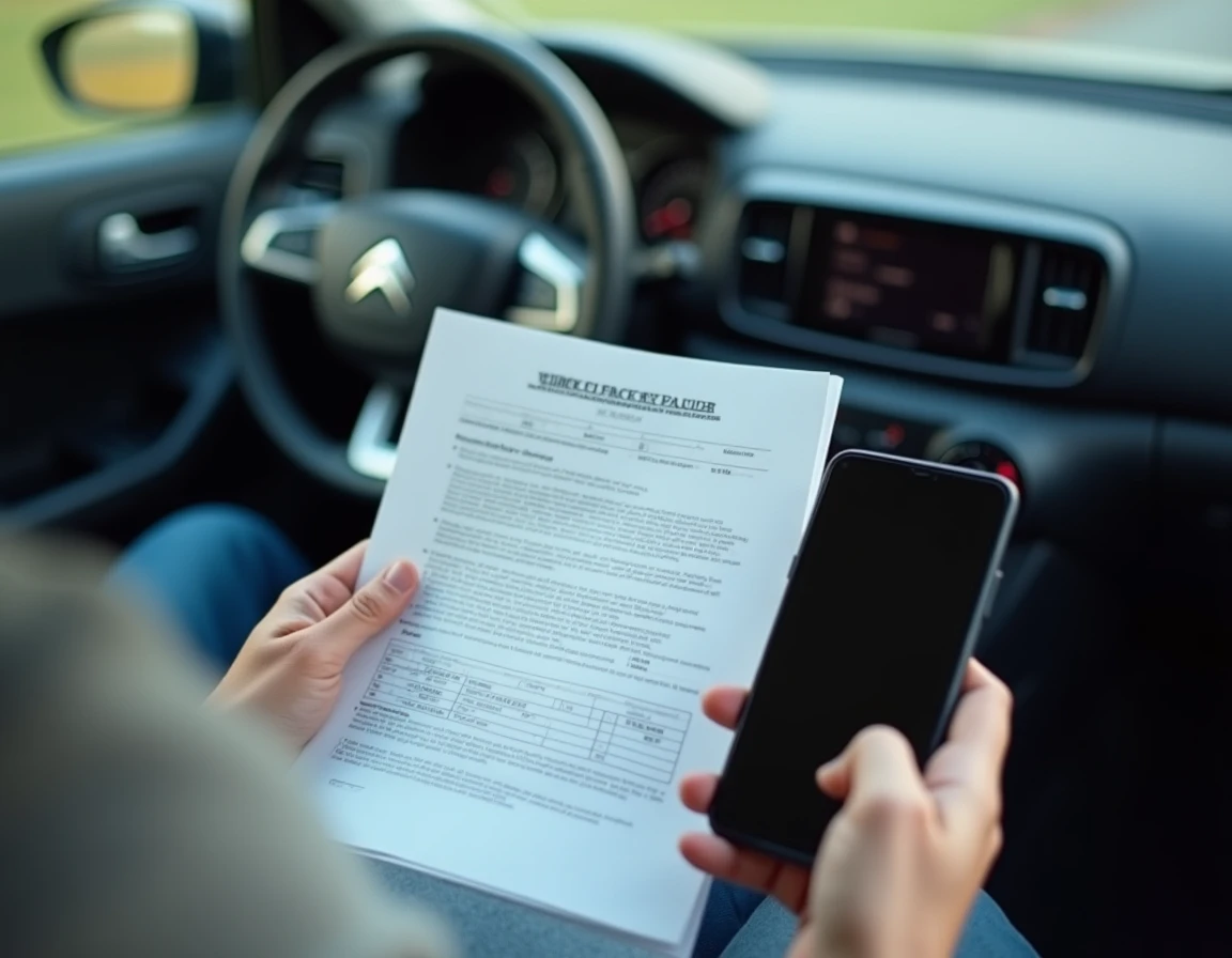Mains tenant un rapport d'historique véhicule et un smartphone affichant le kilométrage à l'intérieur d'une Citroën C4 blanche