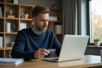 Homme vérifiant les informations de paiement en ligne sur un ordinateur portable avec une carte bancaire à la main dans un bureau à domicile