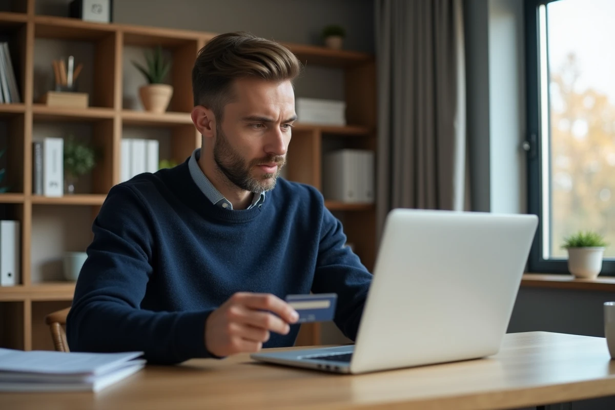 Homme vérifiant les informations de paiement en ligne sur un ordinateur portable avec une carte bancaire à la main dans un bureau à domicile