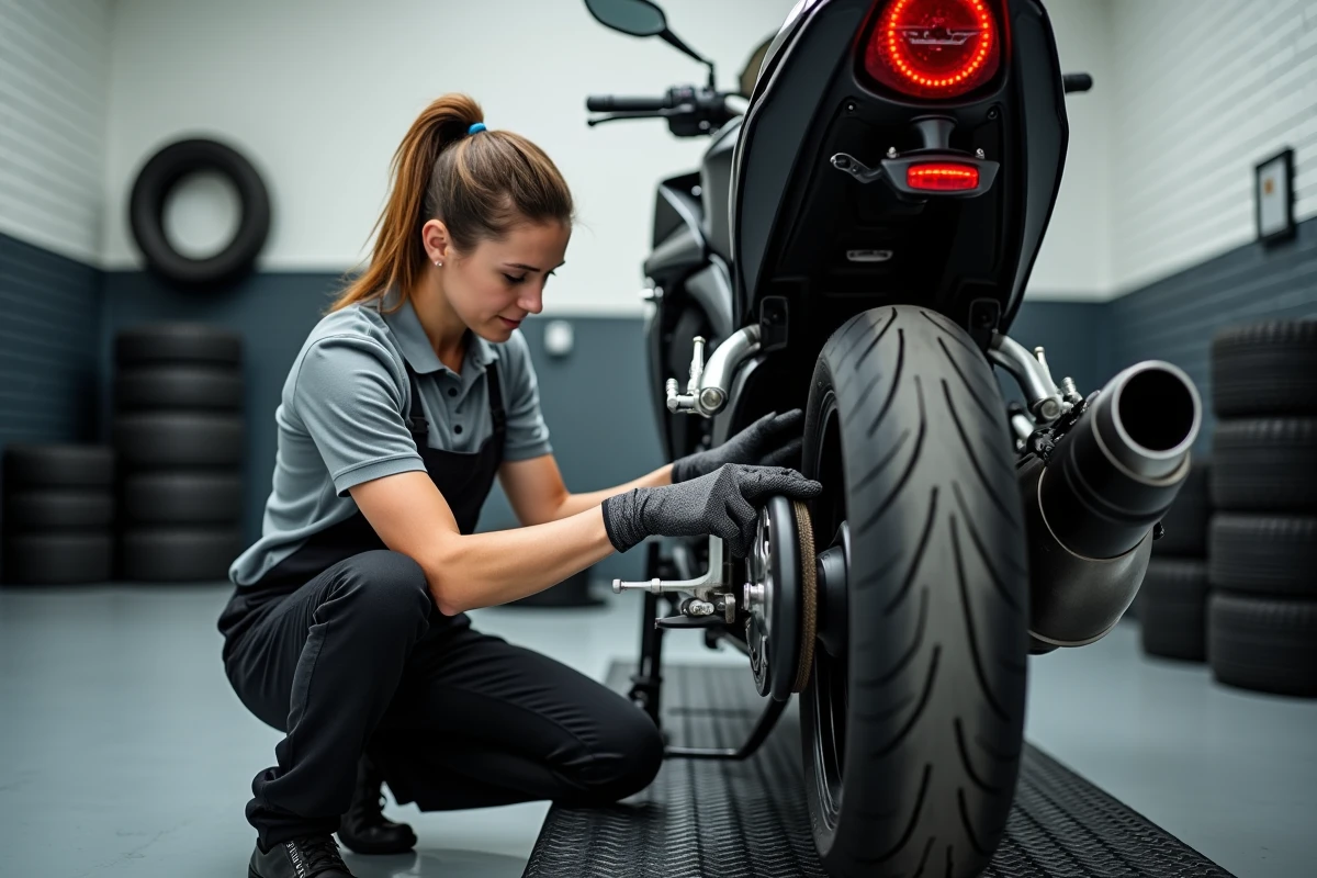 Technicienne vérifiant l'usure des pneus moto lors d'un bilan technique préventif