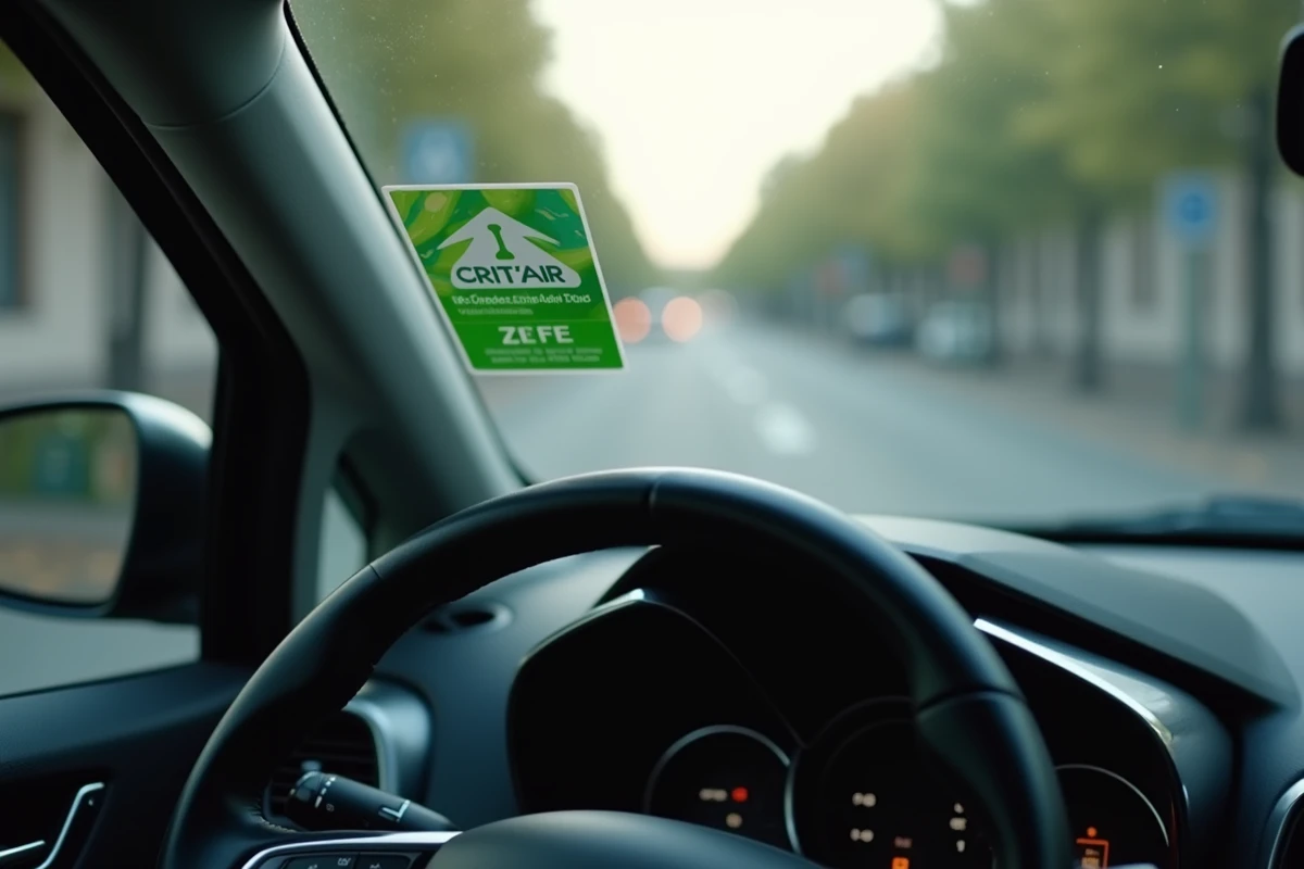 Vignette Crit'Air verte collée sur le pare-brise d'une voiture dans une zone à faibles émissions de Rennes