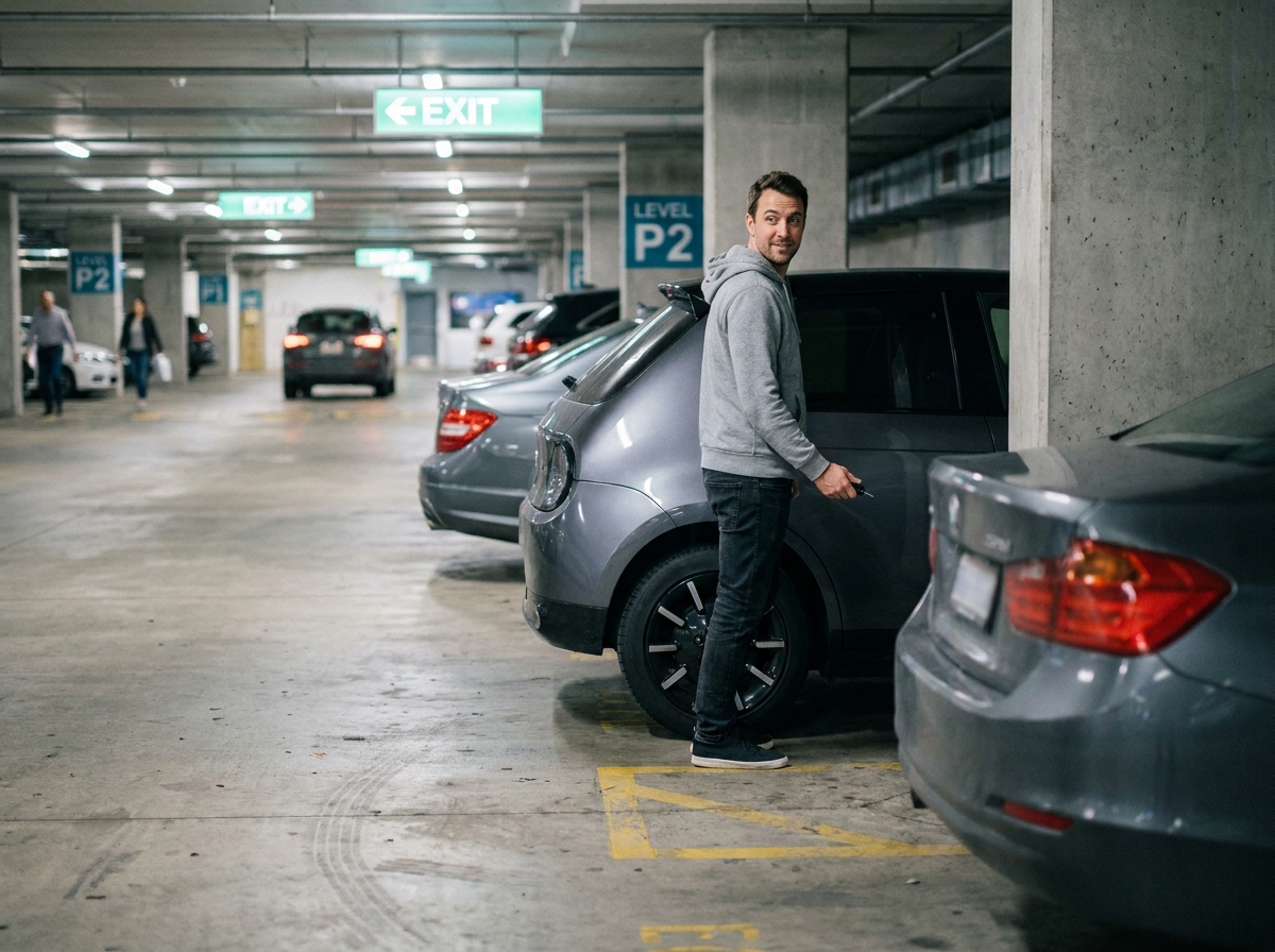 Homme garant une petite voiture citadine dans un parking souterrain urbain