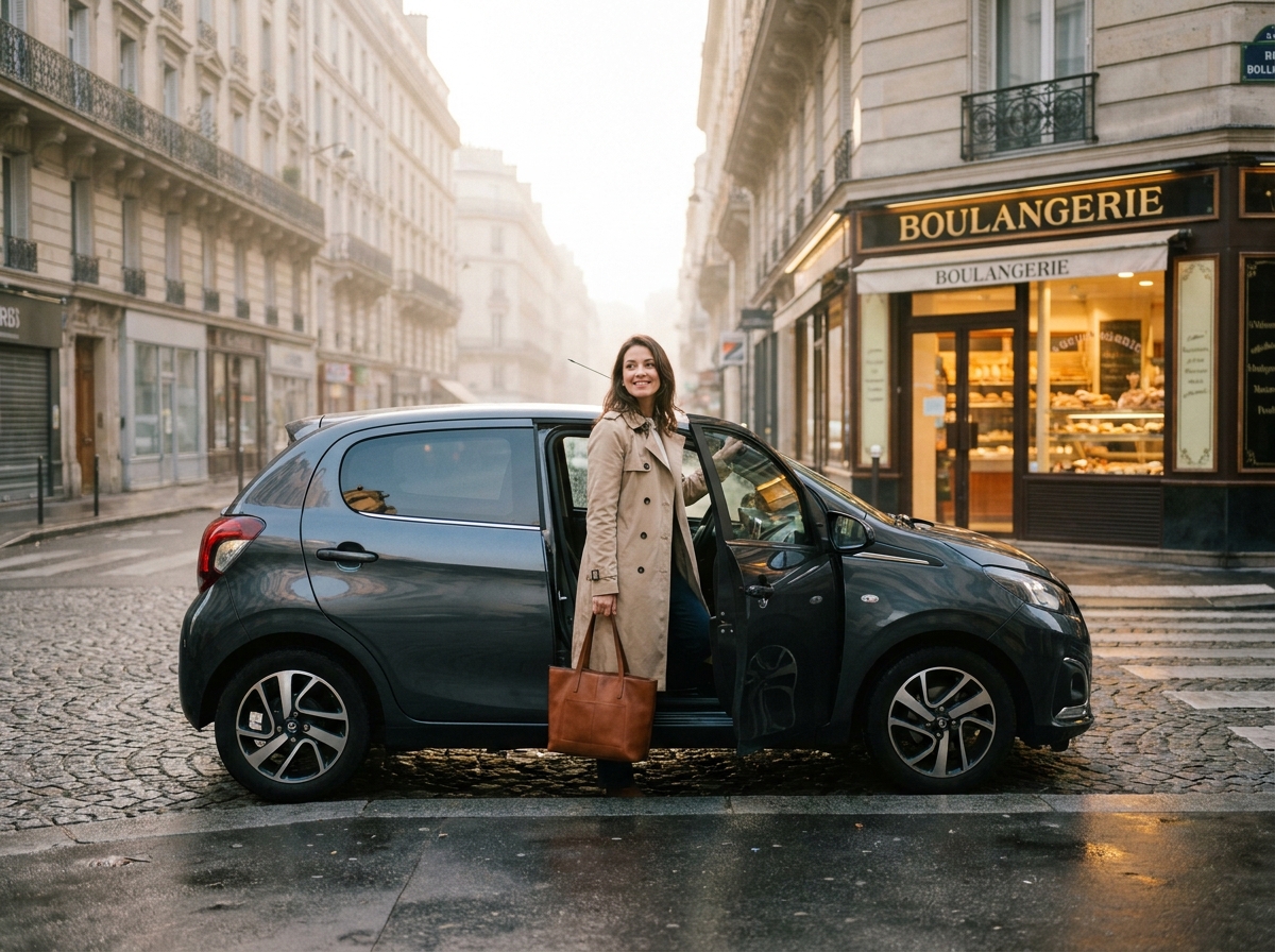 Femme sortant d'une voiture citadine compacte dans une rue pavée parisienne au lever du jour