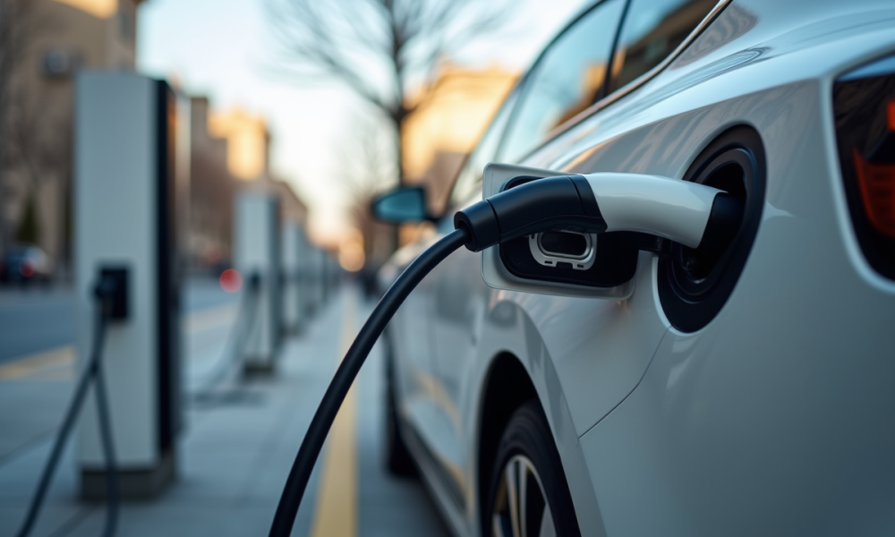 Voiture électrique en charge dans une station urbaine moderne
