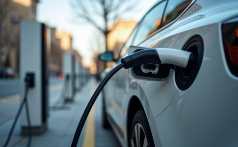 Voiture électrique en charge dans une station urbaine moderne
