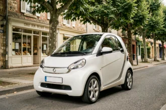 Voiture sans permis 4 places blanche garée dans une rue de quartier résidentiel français