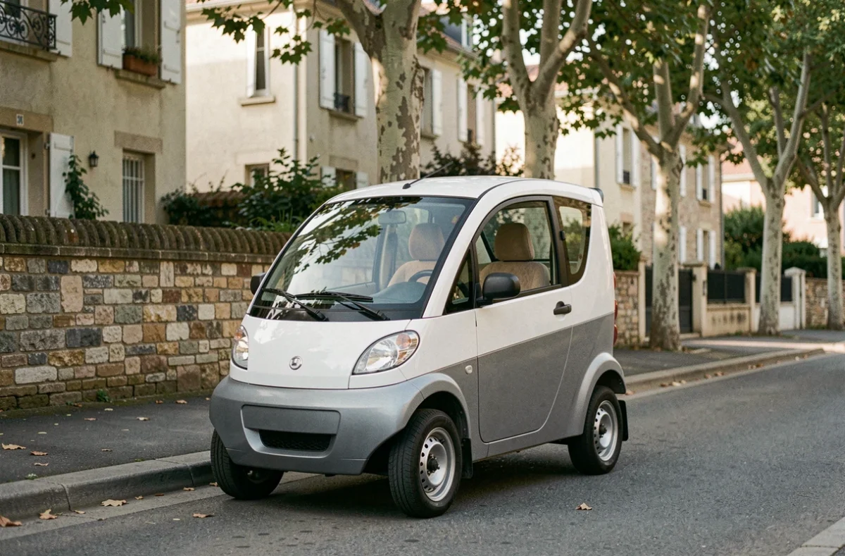 Voiture sans permis 4 places compacte garée dans une rue résidentielle française