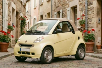 Voiture sans permis cabriolet d'occasion jaune avec panneau à vendre dans une rue pavée de village français