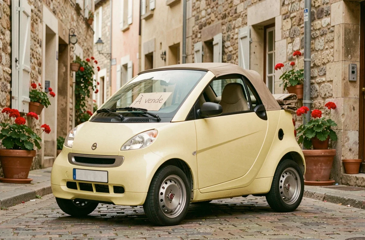 Voiture sans permis cabriolet d'occasion jaune avec panneau à vendre dans une rue pavée de village français