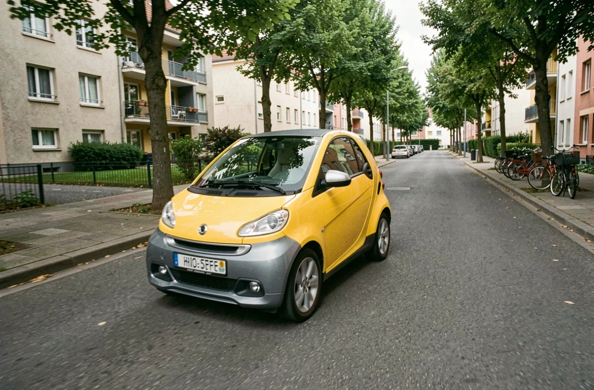 Voiture sans permis jaune et grise circulant dans un quartier résidentiel calme près de Roanne