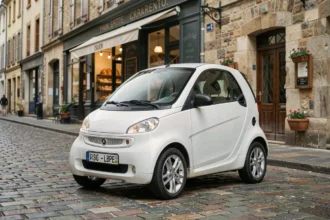 Petite voiture sans permis blanche garée dans une rue pavée d'une ville française de province proche de Roanne