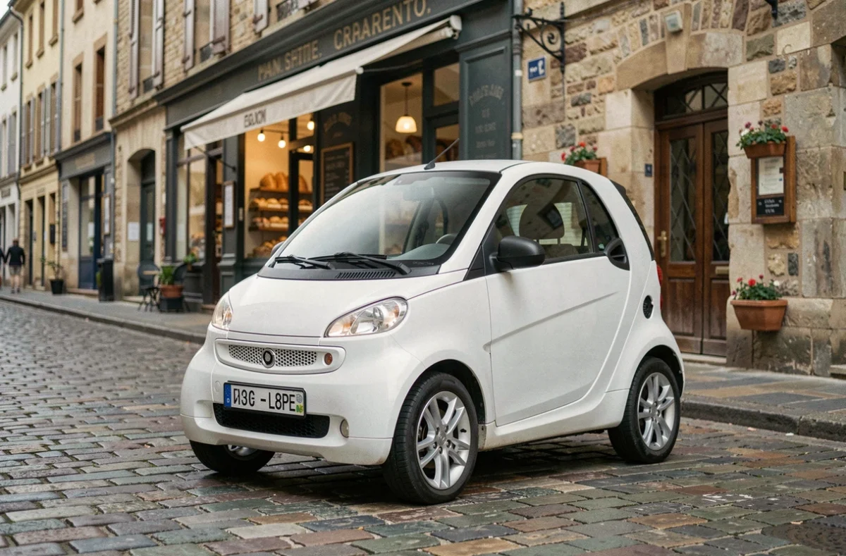 Petite voiture sans permis blanche garée dans une rue pavée d'une ville française de province proche de Roanne