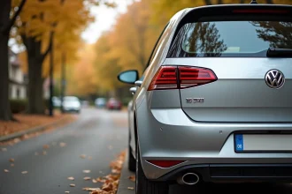 Volkswagen Golf 1.6 TDI garée dans une rue résidentielle, badge TDI visible, voiture d'occasion fiable en 2026