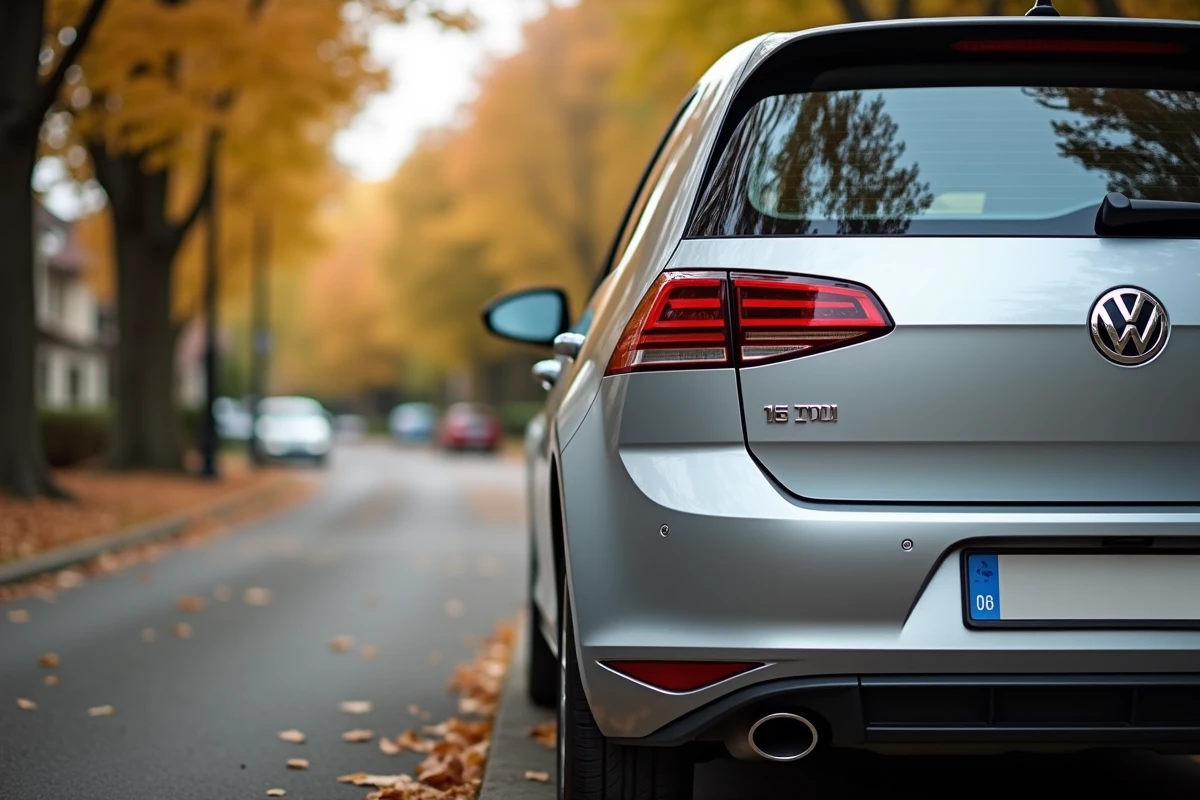 Volkswagen Golf 1.6 TDI garée dans une rue résidentielle, badge TDI visible, voiture d'occasion fiable en 2026