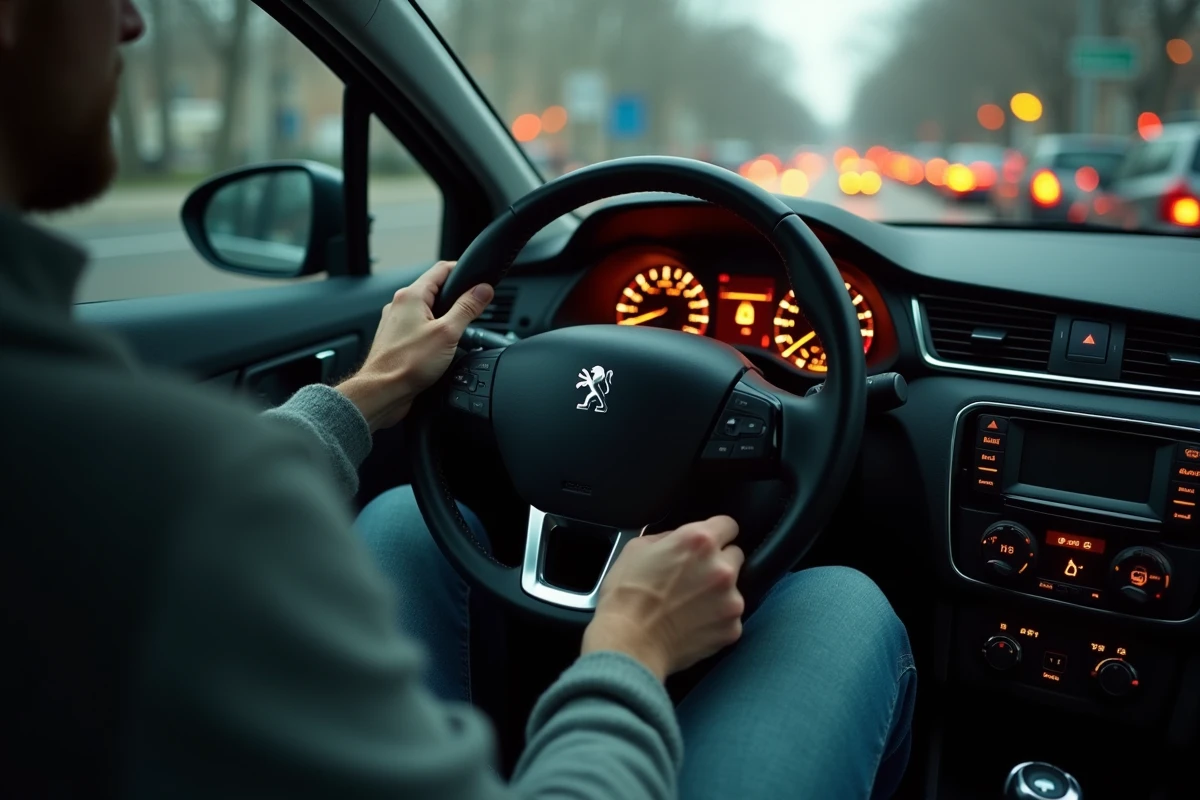 Voyant moteur allumé sur le tableau de bord d'une Peugeot avec le code défaut 1351 signalé lors d'un trajet urbain