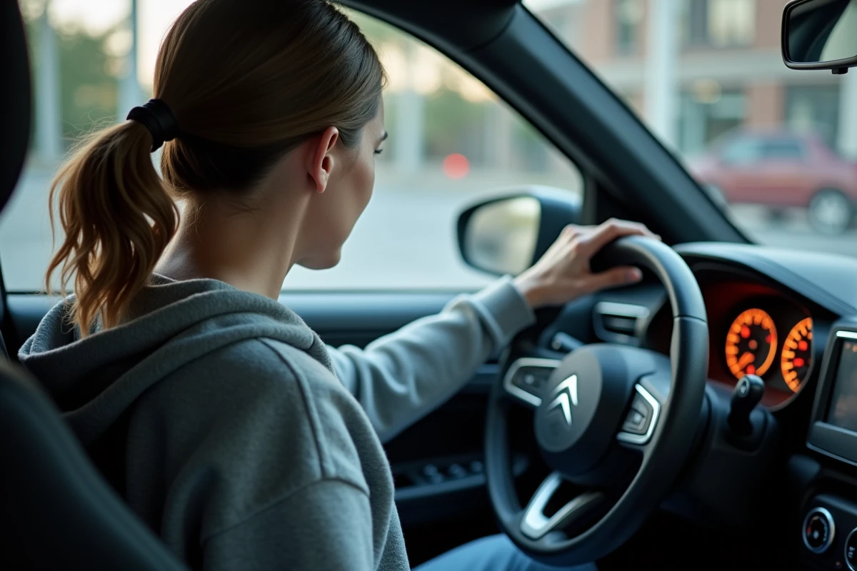 Femme examinant un voyant orange allumé sur le tableau de bord d'une Citroën C3
