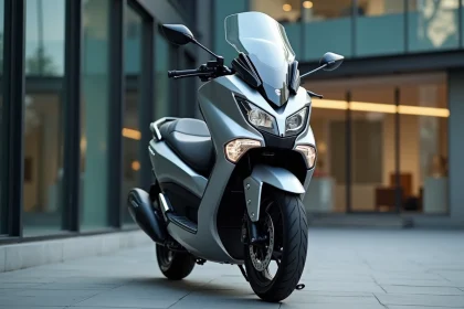 Yamaha TMAX 750 2026 garé en ville devant un immeuble moderne, vue 3/4 avant sur carrosserie premium